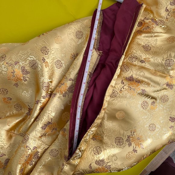 One Shoulder Formal Gown, Gold and Maroon Metallic Floral Brocade, Size 1/3 - Picture 13 of 15